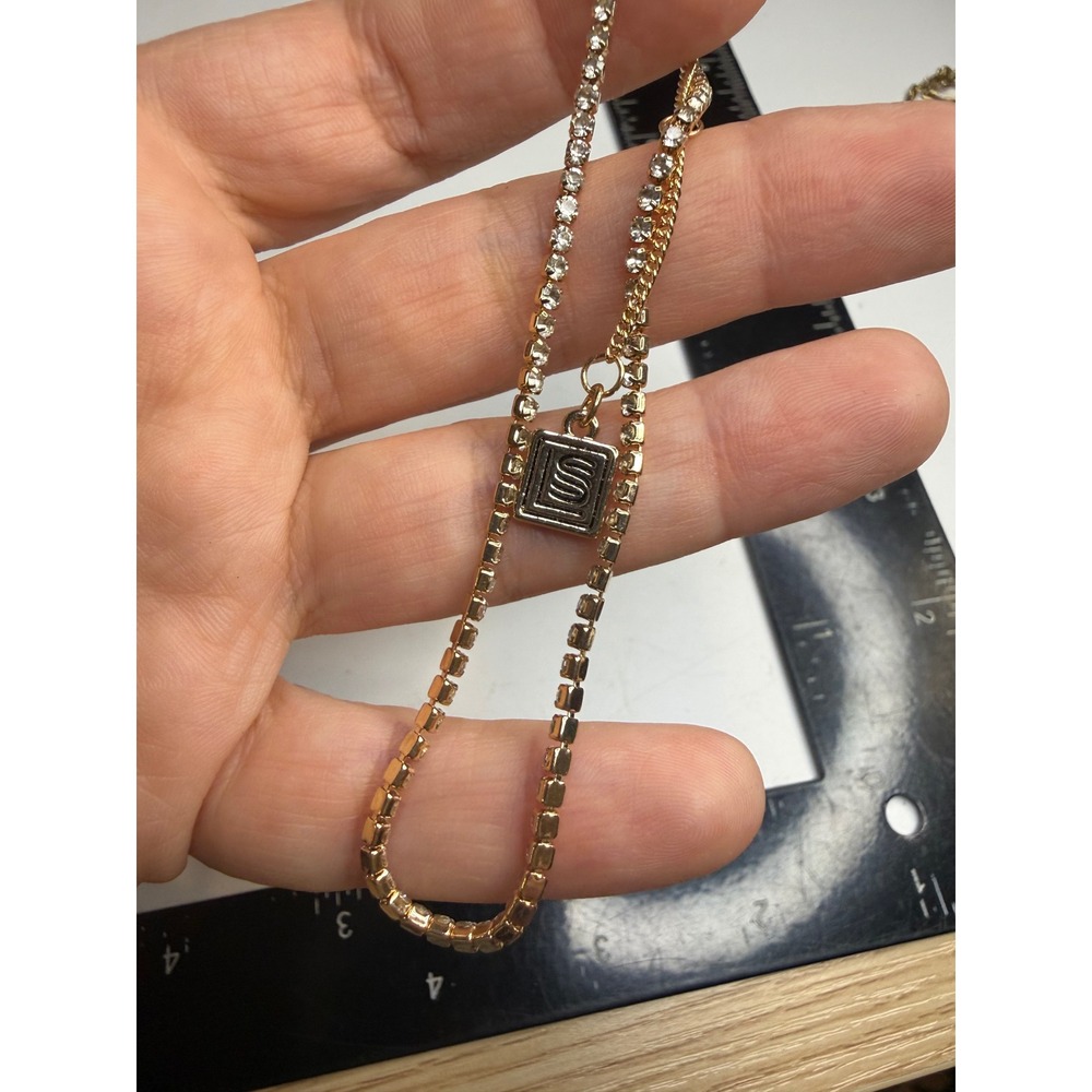 Lulu Frost Gold Tone Crystal Tennis Bracelet Square Logo Charm Adjustable